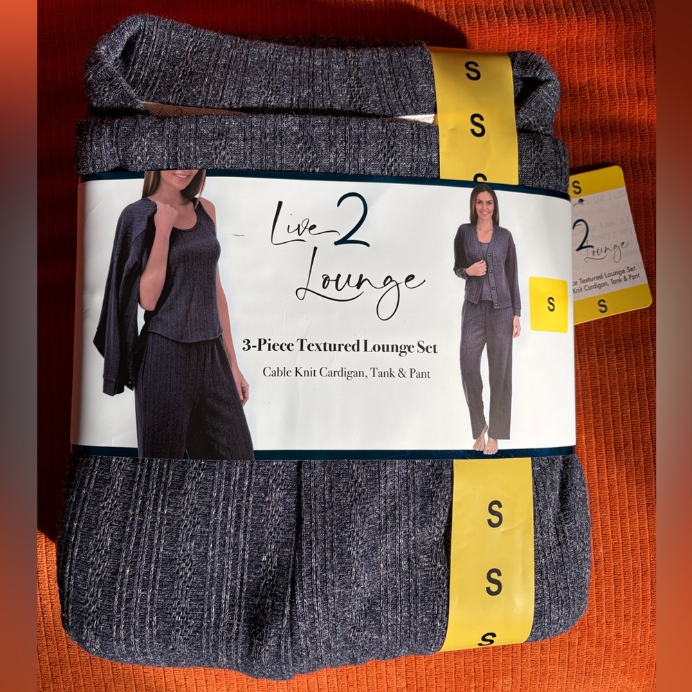 3-Piece Textured Lounge Set - navy blue/grey Knit Cardigan, Tank & Pant